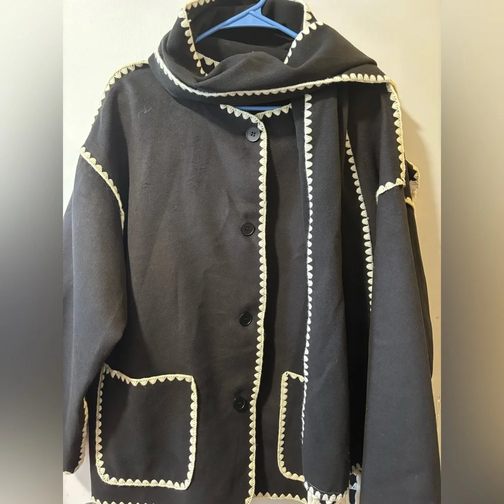 Commense Contrast Trim Jacket With Matching Scarf Black Super Soft Coat Size L - Picture 4 of 8